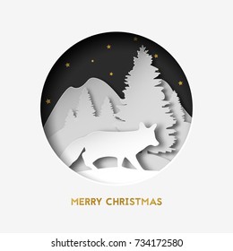Merry Christmas. 3d layered greeting card with with fox. Christmas tree, stars and mountains on the background. craft style.