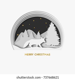 Merry Christmas. 3d layered paper art greeting card with with fox. Christmas tree, stars and mountains on the background. 