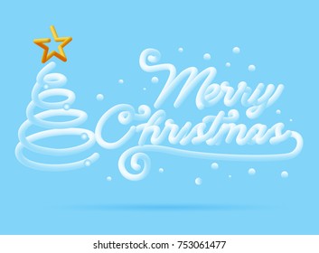 Merry Christmas 3D Lettering Vector Design with Christmas Tree. Creative Blue and White Blend Typography style for Banner, Greeting card, Invitation card and Poster Typographic.