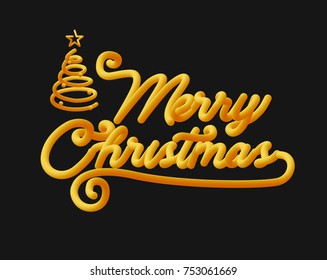 Merry Christmas 3D Lettering Vector Design with Christmas Tree. Creative Gold Blend Typography style for Banner, Greeting card, Invitation card and Poster Typographic.