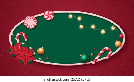 Merry Christmas 3d oval frame with red poinsettia flowers, peppermint candies on green background. Festive design decorated by glowing lights, ornamental baubles, sweet canes. Holiday greeting card.