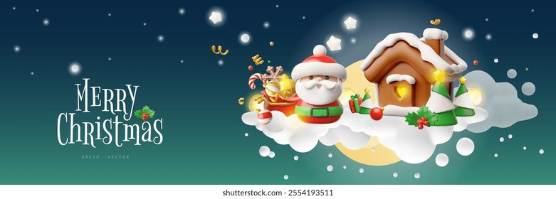 Merry Christmas 3D plastic style festive vector banner design. Santa Claus with gifts bag, gingerbread house and pine trees on clouds with snow. Cartoon symbols of winter holidays