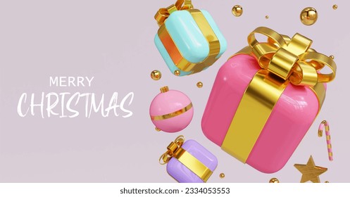 merry christmas 3d render vector gift box toys tree star gold