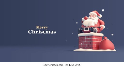 Merry Christmas. 3D Santa character sitting on the chimney with a bag of gifts. Dark Night For Christmas, New Year design concepts. Vector illustration.