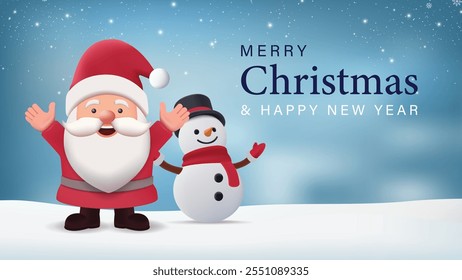 Merry Christmas with 3D Santa and snowman on snowy, snowflakes on blue background for web and poster banner template. vector illustrator 
