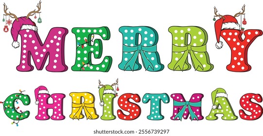 Merry Christmas 3d text with Christmas hat and lights