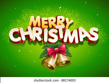 Merry Christmas. 3d text on green background with bells.. Elements are layered separately. Easy editable.