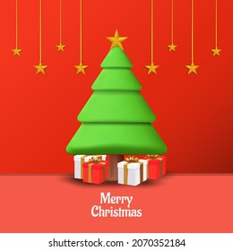 merry christmas with 3D christmas tree, 3D gift boxes, and 3D stars. 3D vector design christmas