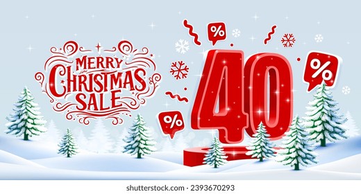 Merry Christmas, 40 percent Off discount. Sale banner and poster. Vector illustration.