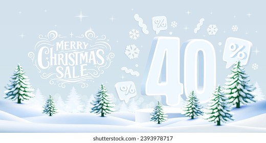 Merry Christmas, 40 percent Off discount. Sale banner and poster. Vector illustration.