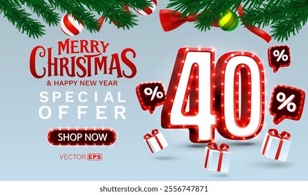 Merry Christmas, 40 percent Off discount. Sale banner and poster. Vector illustration.