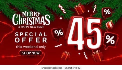 Merry Christmas, 45 percent Off discount. Sale banner and poster. Vector illustration.