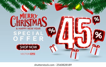 Merry Christmas, 45 percent Off discount. Sale banner and poster. Vector illustration.