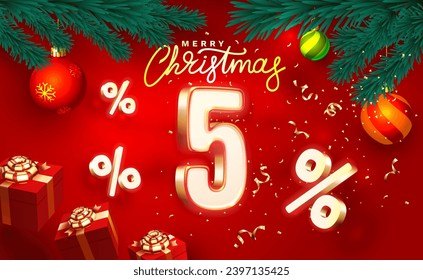 Merry Christmas, 5 percent Off discount. Sale banner and poster. Vector illustration.