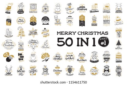 Merry Christmas. 50 in 1, part 1. typography set. Let it snow. Christmas quotes. Happy holidays. Vector logo, emblems.