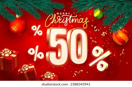 Merry Christmas, 50 percent Off  discount. Sale banner and poster. Vector illustration.