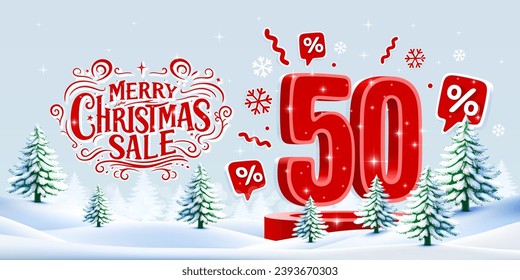 Merry Christmas, 50 percent Off discount. Sale banner and poster. Vector illustration.