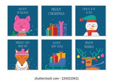 Merry Christmas 6 greeting card with cute animals: pig, reindeer, fox and snowman with scarf and gift . Flat style of icons for presents, invitation,holiday interior design