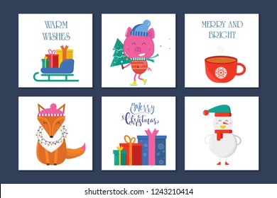 Merry Christmas 6 greeting card with cute animals: pig, fox and snowman with scarf and gift . Flat style of icons for presents, invitation,holiday interior design