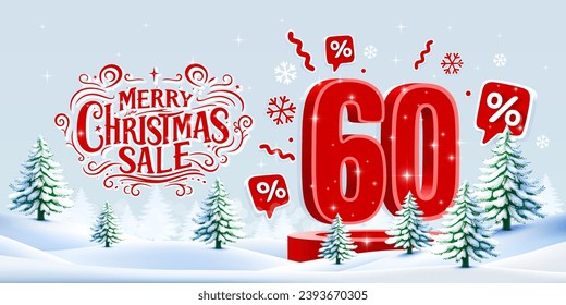 Merry Christmas, 60 percent Off discount. Sale banner and poster. Vector illustration.