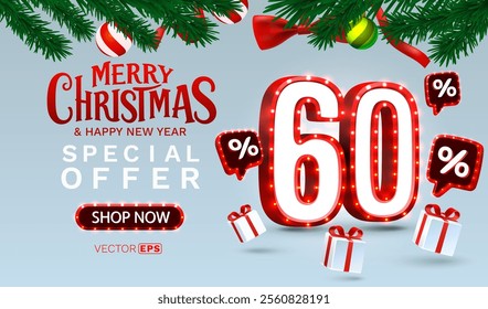 Merry Christmas, 60 percent Off discount. Sale banner and poster. Vector illustration.