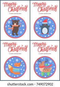 Merry Christmas 60s style congratulation postcard with happy animals in round frames. Vector illustration with beasts in warm clothes