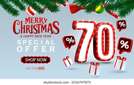 Merry Christmas, 70 percent Off discount. Sale banner and poster. Vector illustration.