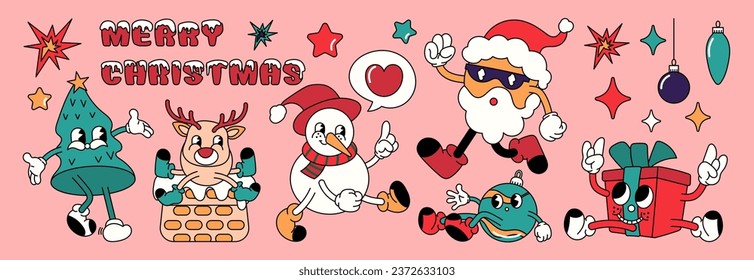 Merry Christmas 70s groovy element vector. Collection of cartoon characters, doodle smile face, santa, snowman, reindeer, christmas tree, gift. Cute retro groovy hippie design for decorative, sticker.