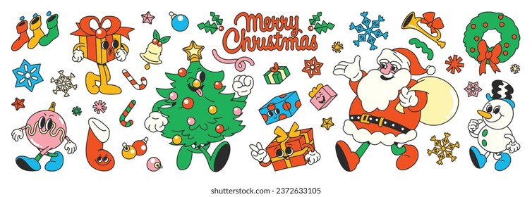 Merry Christmas 70s groovy element vector. Collection of cartoon characters, doodle smile face, santa, snowman, wreath, christmas tree, gift. Cute retro groovy hippie design for decorative, sticker.