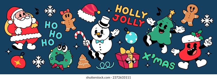 Merry Christmas 70s groovy element vector. Collection of cartoon characters, doodle smile face, santa, snowman, wreath, christmas tree, gift. Cute retro groovy hippie design for decorative, sticker.