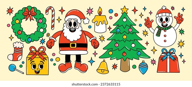 Merry Christmas 70s groovy element vector. Collection of cartoon characters, doodle smile face, santa, snowman, wreath, christmas tree, gift. Cute retro groovy hippie design for decorative, sticker.