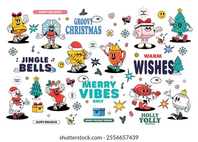 Merry Christmas 70s groovy element vector. Collection of cartoon characters, doodle smile face, santa, snowman, wreath, christmas tree, gift. Cute retro groovy hippie design for decorative, sticker