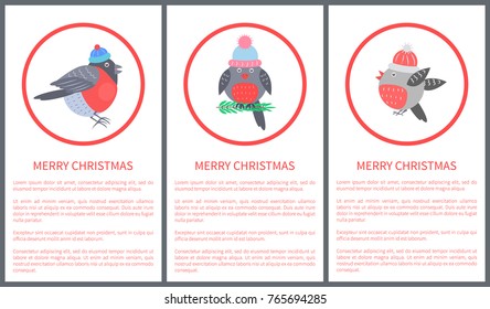 Merry Christmas 70s postcard with beautiful bullfinch dressed in knitted hat in round red frame. Vector illustration with bird on white background