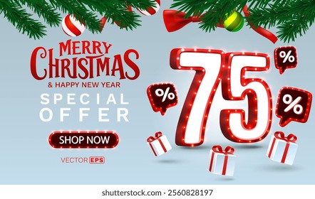 Merry Christmas, 75 percent Off discount. Sale banner and poster. Vector illustration.