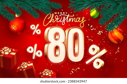 Merry Christmas, 80 percent Off  discount. Sale banner and poster. Vector illustration.