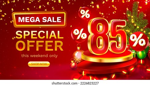 Merry Christmas, 85 percent Off. Discount creative composition. Sale banner and poster. Vector illustration.