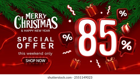 Merry Christmas, 85 percent Off discount. Sale banner and poster. Vector illustration.