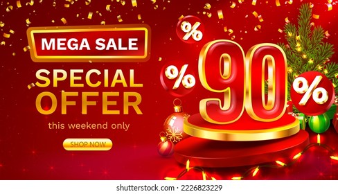 Merry Christmas, 90 percent Off. Discount creative composition. Sale banner and poster. Vector illustration.