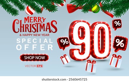 Merry Christmas, 90 percent Off discount. Sale banner and poster. Vector illustration.