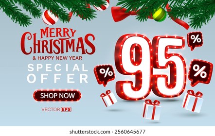 Merry Christmas, 95 percent Off discount. Sale banner and poster. Vector illustration.