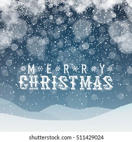 Merry Christmas Abstract Background. Blue snowdrifts and night sky. Snowfall 