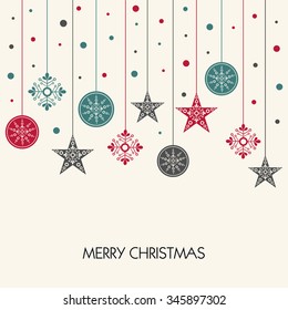 Merry Christmas Abstract Background Design With Hanging Balls, Snowflakes & Stars.