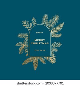 Merry Christmas Abstract Banner Card with Frame Label and Modern Typography. Hand Drawn Pine Branches, Mistletoe, Strobile and Holly Sketches. Premium Background and Golden Greeting Sketch Layout.