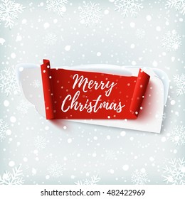 Merry Christmas, abstract banner on winter background with snow and snowflakes. Greeting card template. Vector illustration.