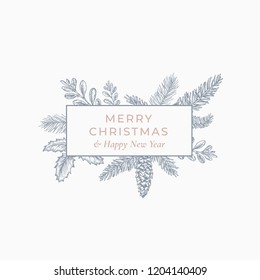 Feliz tarjeta botánica abstracta de Navidad con Rectangle Frame Banner y tipografía moderna. Diseño de bienvenida de colores pastel gris y rosa. Aislado.