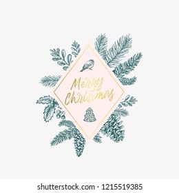 Merry Christmas Abstract Botanical Card with Rhombus Frame Banner and Modern Typography. Green, Golden and Pink Pastel Colors Greeting Layout. Isolated.