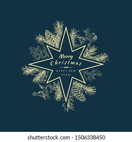 Merry Christmas Abstract Botanical Card with Star Frame, Banner. Blue Background and Golden Greeting Sketch Layout.