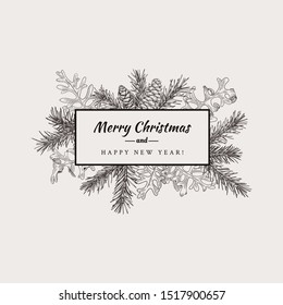 Merry Christmas abstract botanical card with rectangle banner frame. White background and black greeting.