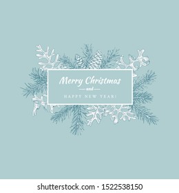 Merry Christmas abstract botanical card with rectangle banner frame. Blue background and white greeting.
