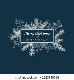 Merry Christmas abstract botanical card with rectangle banner frame. Blue background and white greeting.